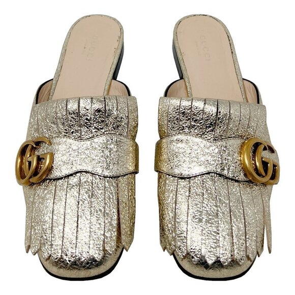 Gucci Marmont Logo Gold Foiled Leather Kiltie Fringe Flat Loafer Mules - Picture 2 of 8